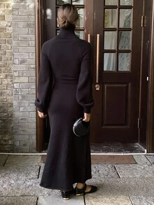 DAZY Damen Lässig einfarbiges Strickkleid, Herbst/Winter - Schwarz - Übersicht 2