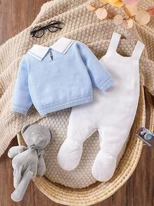 SHEIN Baby Boy Cartoon Bear Sweater Top + Sweater Overalls, Knitted One-Piece Jumpsuit, Fashionable And Cute For Autumn/Winter Traveling, Shopping At Home Fall - Baby Blue - View 2