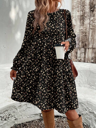 EMERY ROSE Vintage Leopard Spot Pattern Loose Fit Round Neck Plus Size Dress, Suitable For Autumn/Winter