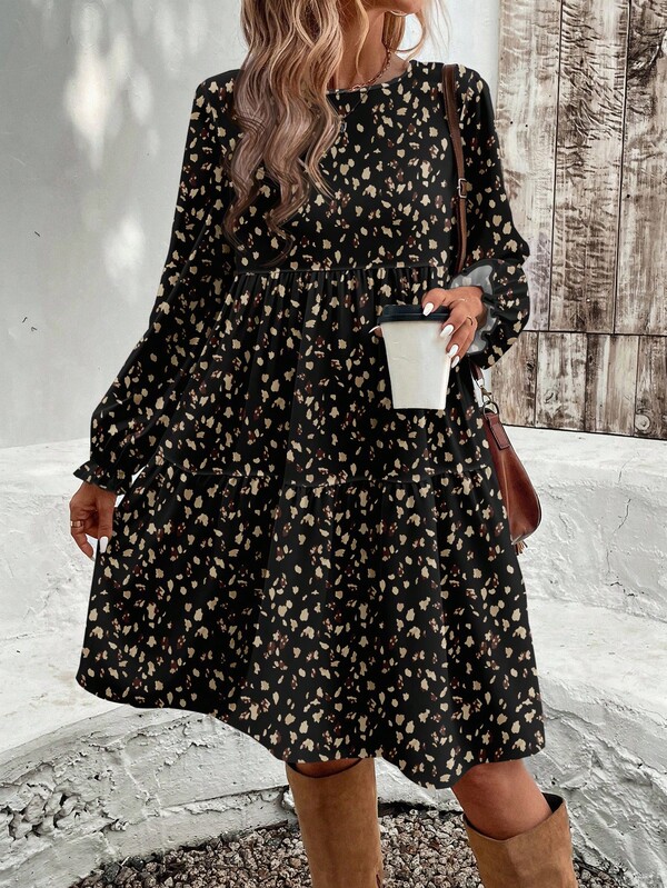 EMERY ROSE Vintage Leopard Spot Pattern Loose Fit Round Neck Plus Size Dress, Suitable For Autumn/Winter