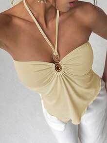 Aloruh 女士纯色休闲不对称下摆系带露背上衣 - 米色 - 查看 3