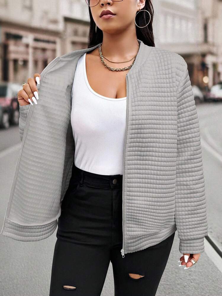 EMERY ROSE Women's Solid Color Casual Loose Zip-Up Long Sleeve Plus Size Jacket Winter Fall Autumn - Grey - View 5