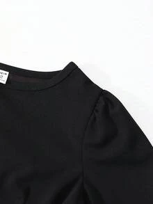 Tween Girls' Solid Color Round Neck Puff Sleeve Hollow Back Bowknot Waist Top, French Retro Elegant Versatile Blouse - Black - View 7