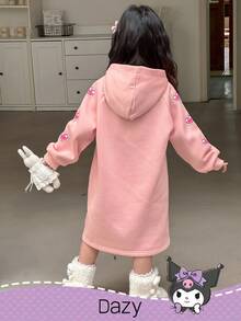 DAZY HELLO KITTY AND FRIENDS | SHEIN 女童卡通图案针织连帽抓绒连衣裙，冬季 - 粉色 - 查看 5