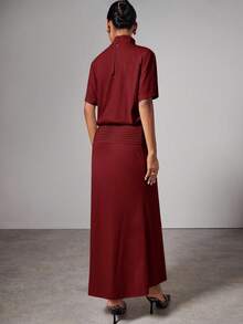 COSMINA Đầm cổ đứng màu trơn thanh lịch dành cho nữ khi đi làm - Màu Đỏ Sâu - Xem 5