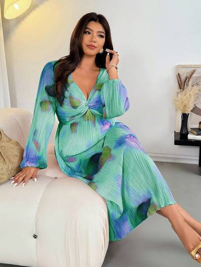 Firerie Plus Size Elegant Commuter Tie-Dye Print Twist Knot Dress Tie Dye Dress Plus Size Summer Dress Resort Wear Women Pleated Dress Long Sleeve Summer Dress/Fall/Winter