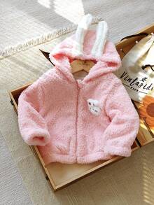 SHEIN Vintaside Kids 1 Áo khoác trùm đầu mùa đông cho bé gái, màu hồng ngọt ngào với họa tiết thỏ 3D ở mặt trước, họa tiết dễ thương, dáng rộng thoải mái, thích hợp cho hoạt động ngoài trời, thường ngày, thể thao - Hồng - Xem 1