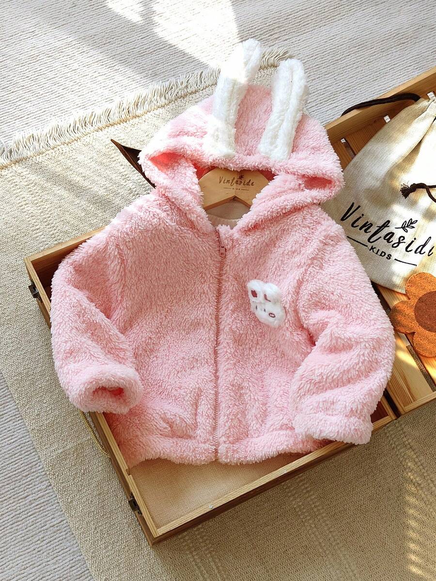 SHEIN Vintaside Kids 1 Áo khoác trùm đầu mùa đông cho bé gái, màu hồng ngọt ngào với họa tiết thỏ 3D ở mặt trước, họa tiết dễ thương, dáng rộng thoải mái, thích hợp cho hoạt động ngoài trời, thường ngày, thể thao - Hồng - Xem 1