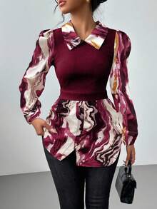 EMERY ROSE Marble Print Contrast Color Knit Ribbed 2 In 1 Top Puff Sleeve Blouse Marble Print Blouse Lantern Sleeve Blouse Women Blouses Long Sleeve Peplum Blouse - Burgundy - View 4
