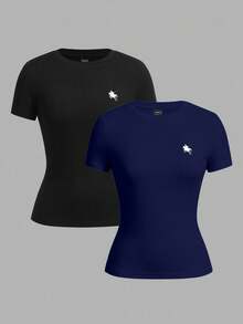 SHEIN EZwear 2pcs Casual Minimalist Black & Navy Blue Short Sleeve Crew Neck Basic T-Shirts With Pony Print, Suitable For Spring/Summer - Multicolor - View 1