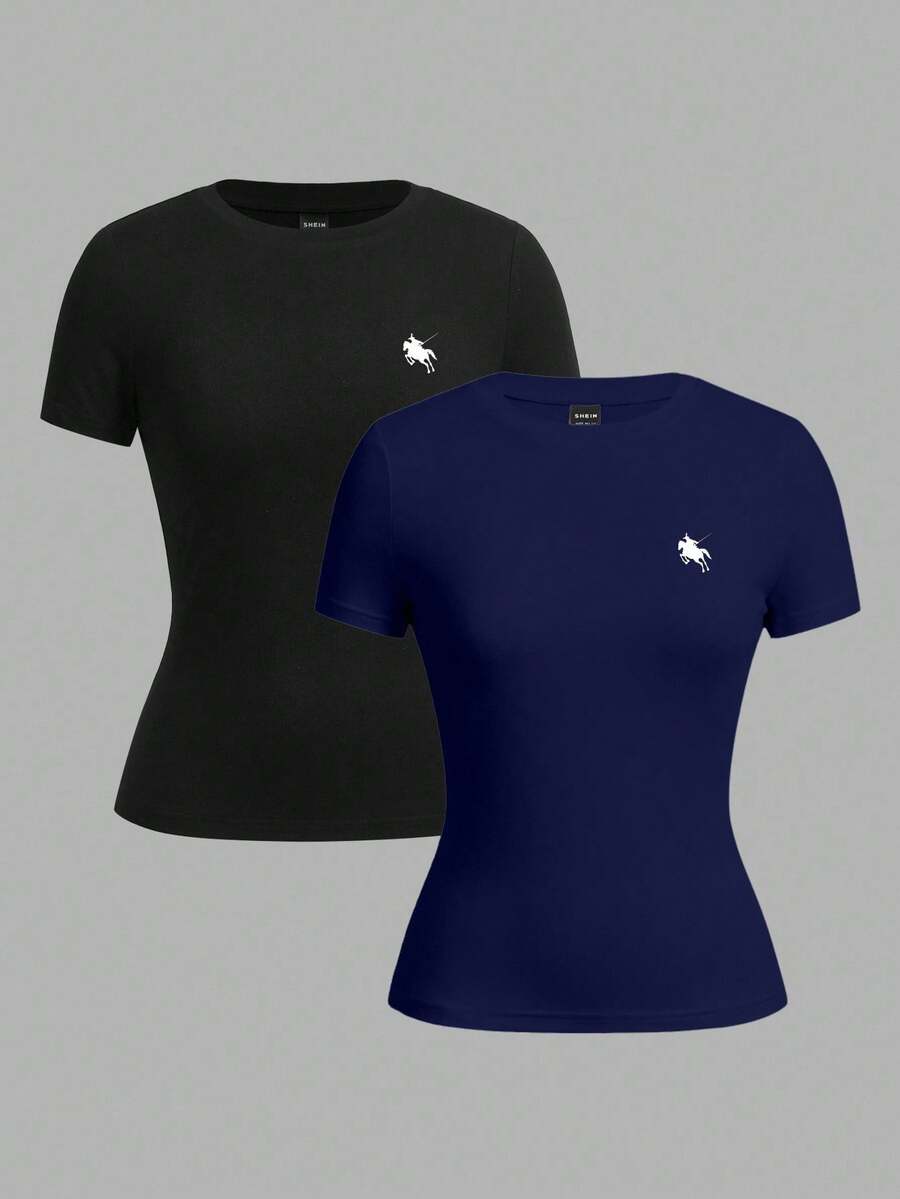 SHEIN EZwear 2pcs Casual Minimalist Black & Navy Blue Short Sleeve Crew Neck Basic T-Shirts With Pony Print, Suitable For Spring/Summer - Multicolor - View 1