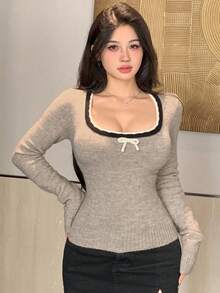 DAZY Autumn/Winter Ribbon Lace Patchwork Bow Decor Colorblock Round Neck Knit Sweater, Sexy Fitted Casual Elegant Fashion For Women