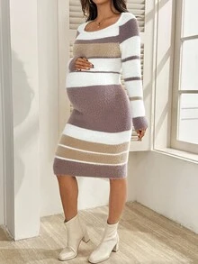 SHEIN 孕妇秋冬休闲拼色条纹修身针织连衣裙 - 彩色 - 查看 3