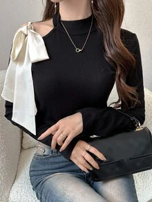 Livesso 女式高领肩部镂空撞色蝴蝶结修身长袖 T 恤，甜美秋季上衣 - 黑色 - 查看 3