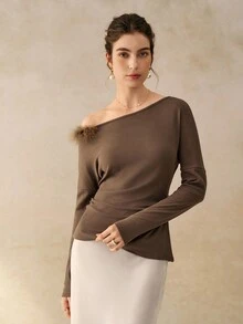 Cévolie Women's Oblique Shoulder Furry Patchwork Fitted Fleece Long Sleeve T-Shirt