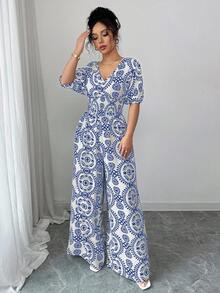 Elenzga Prendas de vestir de estilo de vacaciones, monos con cuello en V, manga abultada, cintura elástica y pierna ancha con falda incorporada