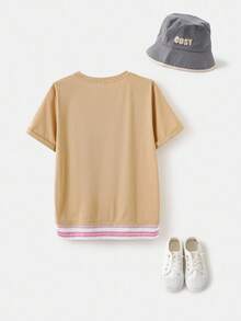 Joliand Joliand 1pc Tween Boy Pink And White Stripe Patchwork Beige Short Sleeve T-Shirt,Summer Casual School Urban Vacation Stylish Daily Wear Outing Travel Tee - Khaki - View 2