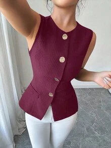 Selianne 时尚无袖收腰黑色夹克，金色纽扣装饰，适合春夏季日常穿着 - 酒紅色 - 查看 6