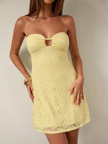 SHEIN BAE Women's Simple Solid Color Lace Camisole Dress, Party Cocktail Dress, Formal Occasion Party Dress, Wedding Bridesmaid Dress For Women, Birthday Dress,Autumn Women's Clothing,Yellow Lace Tube Top Dress,Autumn Dress,Open Back Details,Sexy Tube Top Yellow Lace Dress