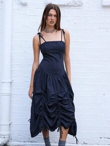 COUREZ 条纹降落伞式中长吊带连衣裙 / Y2K 外出穿搭 秋季女装 秋季服装 可爱冬季婚礼宾客礼服 优雅连衣裙 正式礼服 - 深灰色 - 查看 5