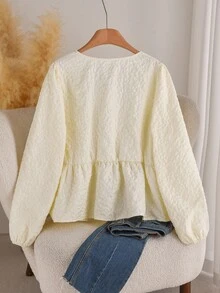 CosyJoli Bluzka w dużym rozmiarze, swobodna, kwadratowy dekolt, żakardowa faktura, rękaw typu latarnia, długi rękaw, kokarda