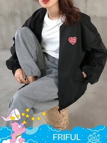 FRIFUL SHEIN X Care Bears 女士休闲时尚街头卡通熊印花落肩宽松夹克 - 黑色 - 查看 6