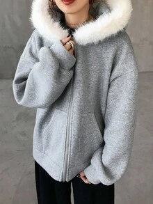 FRIFUL Women's Hooded Sweatshirt With Fur Collar, Loose Fit Casual Thickened Fleece Sweatshirt Jacket,Winter - Grey - View 6