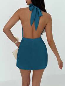 Aloruh 女士极简主义露背系带褶皱迷你杏色连衣裙