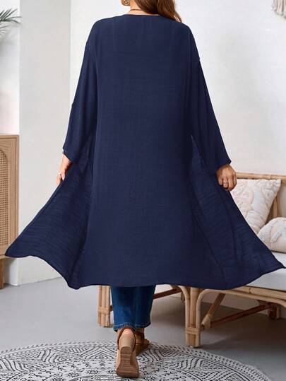 EMERY ROSE Plus Size Women's Solid Color Cuffed Sleeve Casual Long Jacket, Autumn Winter Fall