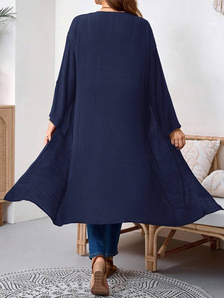 Plus Size Women's Solid Color Cuffed Sleeve Casual Long Jacket, Autumn Winter Fall