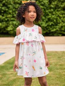 Joliand Joliand 1 pièce Robe élégante, urbaine et mignonne avec volant pour jeune fille, imprimé de palmiers et de fleurs, convient pour les réunions, les sorties, la plage, les fêtes, l'été - Multicolore - Voir 4