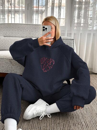 SHEIN Tall Stor storlek dam, 2-delat set med huvtröja, bokstäver och raglanärm, höst/vinter