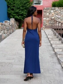 Yess Loren Solid Color Knit Backless Dress For Women - Navy Blue - View 2