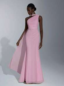 Elitara 优雅单肩雪纺垂坠（多种穿法），垂坠饰有褶饰腰部，适合婚礼、伴娘礼服 - 淺粉色 - 查看 6