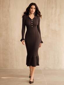 Anewsta Đầm dài tay cổ chữ V màu trơn thanh lịch, chất liệu dày dặn, xếp ly dáng đuôi cá dành cho nữ. - Cà phê nâu - Xem 1