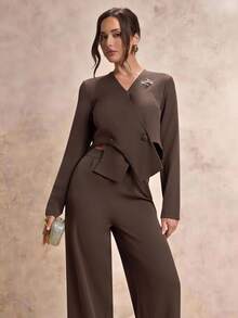 Modelyn Women's Elegant Business Suit, Jacket And Pants Set In Fall/Winter - Brown - View 5