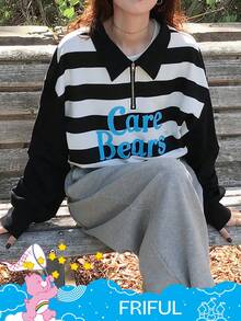 SHEIN X Care Bears FRIFUL Women's Loose Fit Polo Collar Letter Graphic Striped Long Sleeve Casual T-Shirt - Black and White - View 6