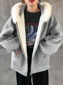 FRIFUL Women's Hooded Sweatshirt With Fur Collar, Loose Fit Casual Thickened Fleece Sweatshirt Jacket,Winter - Grey - View 1