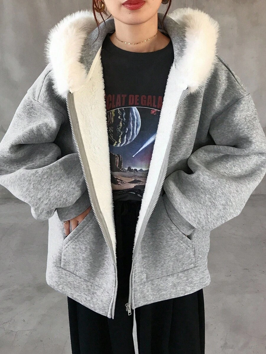 FRIFUL Women's Hooded Sweatshirt With Fur Collar, Loose Fit Casual Thickened Fleece Sweatshirt Jacket,Winter - Grey - View 1