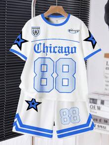 SHEIN 2pcs Tween Boy Casual Classic Cool Baseball Sports Style, Number 88, Gothic Chicago Text, Star Print Short Sleeve Crew Neck T-Shirt And Shorts Set, Suitable For Summer