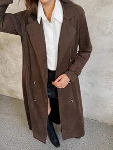 SHEIN Unity 女士休闲长款绒面革羊毛夹克，通勤风格，秋冬 - 棕色 - 查看 7