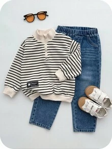 2 Stücke Kleine Jungen Mehrfarbig Herbst/Winter Halb-Rollkragen Reißverschluss Aprikose Loose Gestreift Pullover Hoodie und Lässige Verwaschen Lang Hose Trainingsanzug Set, geeignet für Zuhause, Outdoor, Schule, Straßenfotografie, Koreanischer Stil