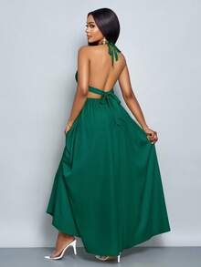 SOLERSUN 女士纯色露背 V 领度假海滩十字结露背长裙度假海滩装 - 墨綠色 - 查看 2