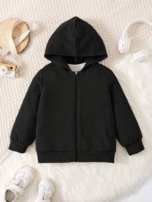 儿童/青少年男孩休闲日常百搭舒适拼接连帽长袖开衫夹克 - 黑色 - 查看 4