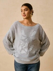 Travachic 大码休闲宽松露肩麻花针织毛衣，秋季保暖 - 淺灰色 - 查看 3