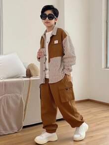 SHEIN 1 件儿童/青少年男童休闲条纹领长袖宽松开襟衬衫和纯色直筒裤 2 件套，适合学校、花园、海滩、生日、春夏秋冬