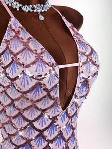 Amplova 深 V 领挂脖亮片与毛茸茸拼布紧身迷你连衣裙 - 粉色 - 查看 5