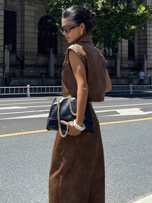 女士秋冬单排扣短袖外套和口袋中长裙休闲两件套 Y2K 家居服套装 - 棕色 - 查看 3