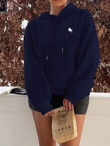SHEIN EZwear 休闲简约马印花连帽长袖厚宽松卫衣女士，适合秋冬季 - 藏蓝色 - 查看 5