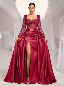 SHEIN Belle 优雅奢华的安哥拉彩色亮片和串珠缎面低胸透明长袖美人鱼高开衩超大荷叶边晚礼服 - 酒紅色 - 查看 1